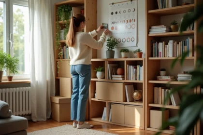Femme organisant des livres dans un salon lumineux
