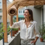 Femme souriante posant avec pergola en reed dans un balcon urbain