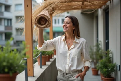 Femme souriante posant avec pergola en reed dans un balcon urbain