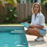 Femme avec clipboard près de la piscine extérieure