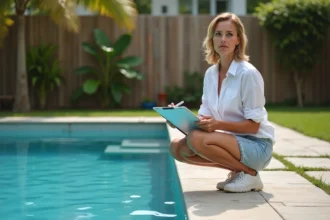 Femme avec clipboard près de la piscine extérieure