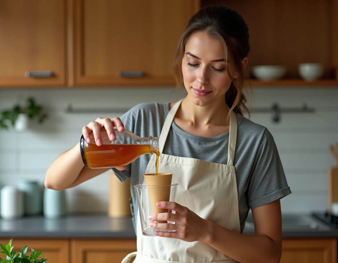 Femme préparant un piège à moucherons maison avec un entonnoir en papier et du vinaigre de cidre dans une cuisine