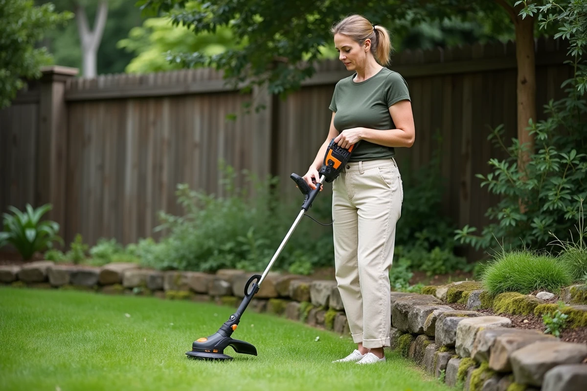 Femme utilisant un rotofil sans fil pour border une allée de jardin résidentiel