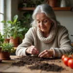 Femme plantant des graines de tomates dans la cuisine