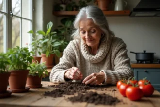 Femme plantant des graines de tomates dans la cuisine