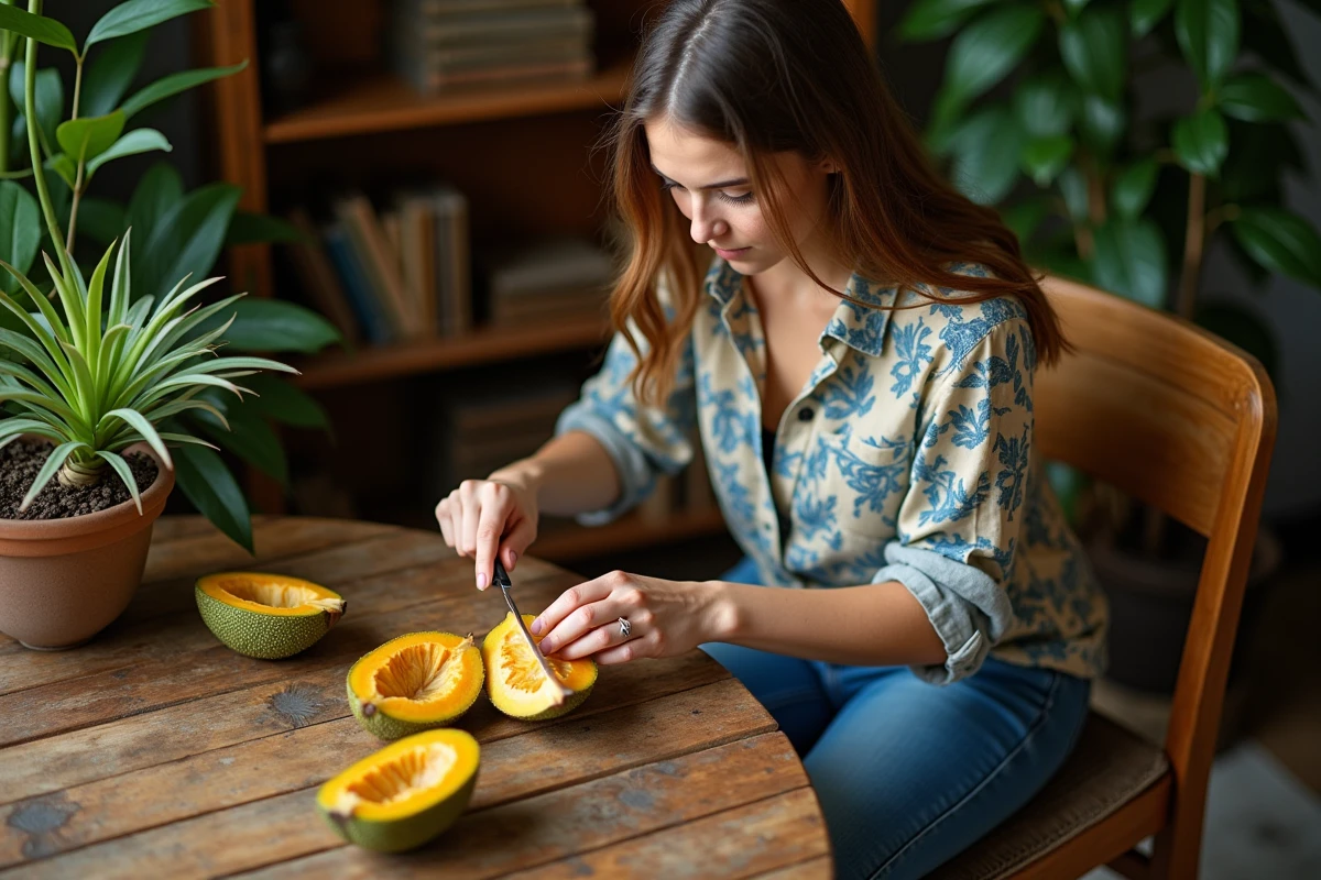 Jeune femme coupe un ceriman dans une ambiance intérieure chaleureuse