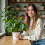 Jeune femme souriante avec plante jade dans un intérieur lumineux