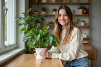 Jeune femme souriante avec plante jade dans un intérieur lumineux