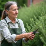 Femme en jardinage taillant un romarin vert