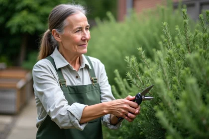 Femme en jardinage taillant un romarin vert