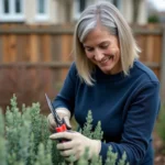 Femme taillant la sauge dans un jardin au printemps