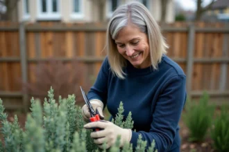 Femme taillant la sauge dans un jardin au printemps