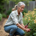 Femme taillant un buisson de waxflower dans le jardin