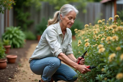 Femme taillant un buisson de waxflower dans le jardin