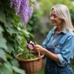 Femme taillant une glycine dans un jardin suburbain