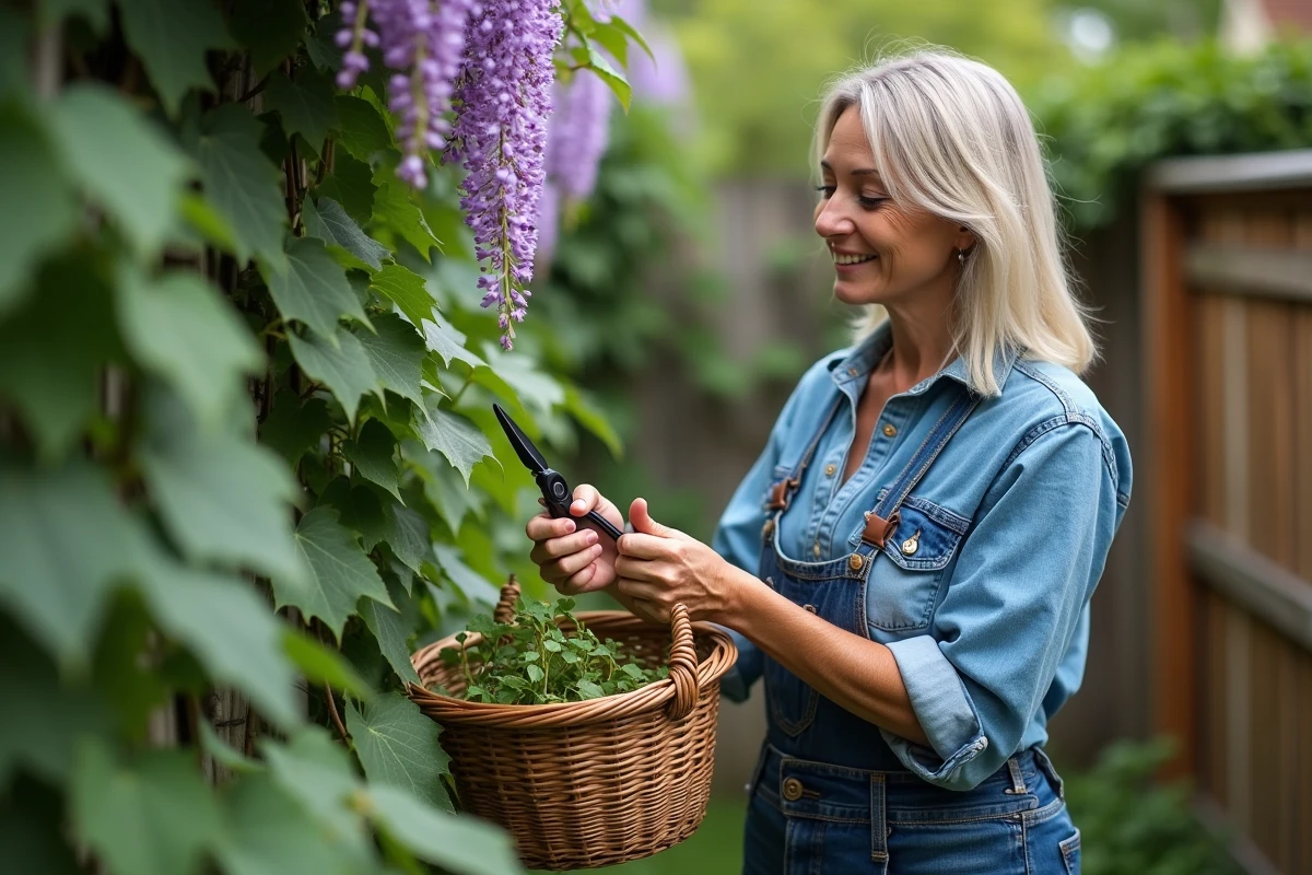 Femme taillant une glycine dans un jardin suburbain