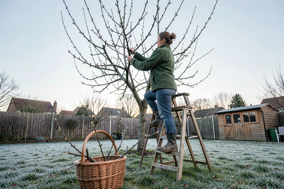 Femme sur un escabeau taillant un jeune prunier dans un jardin pavillonnaire au début du printemps