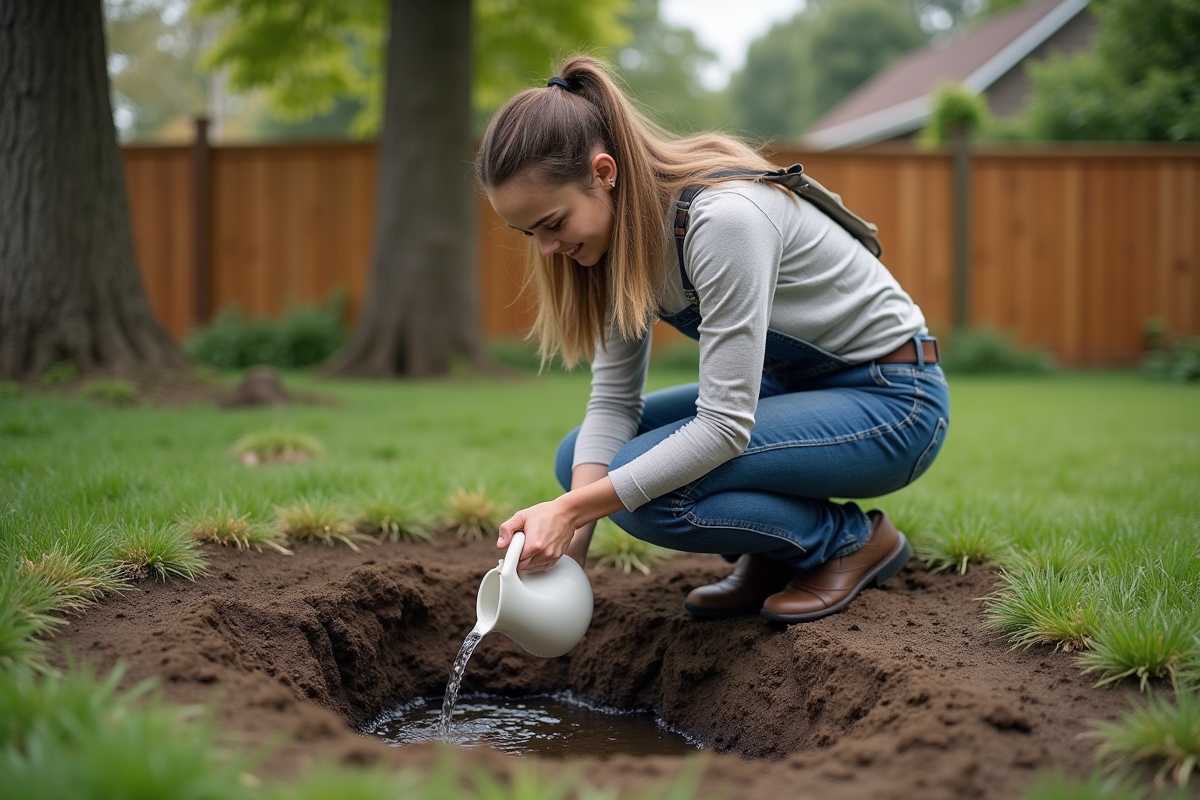 Jeune femme vérifiant le drainage avec de l