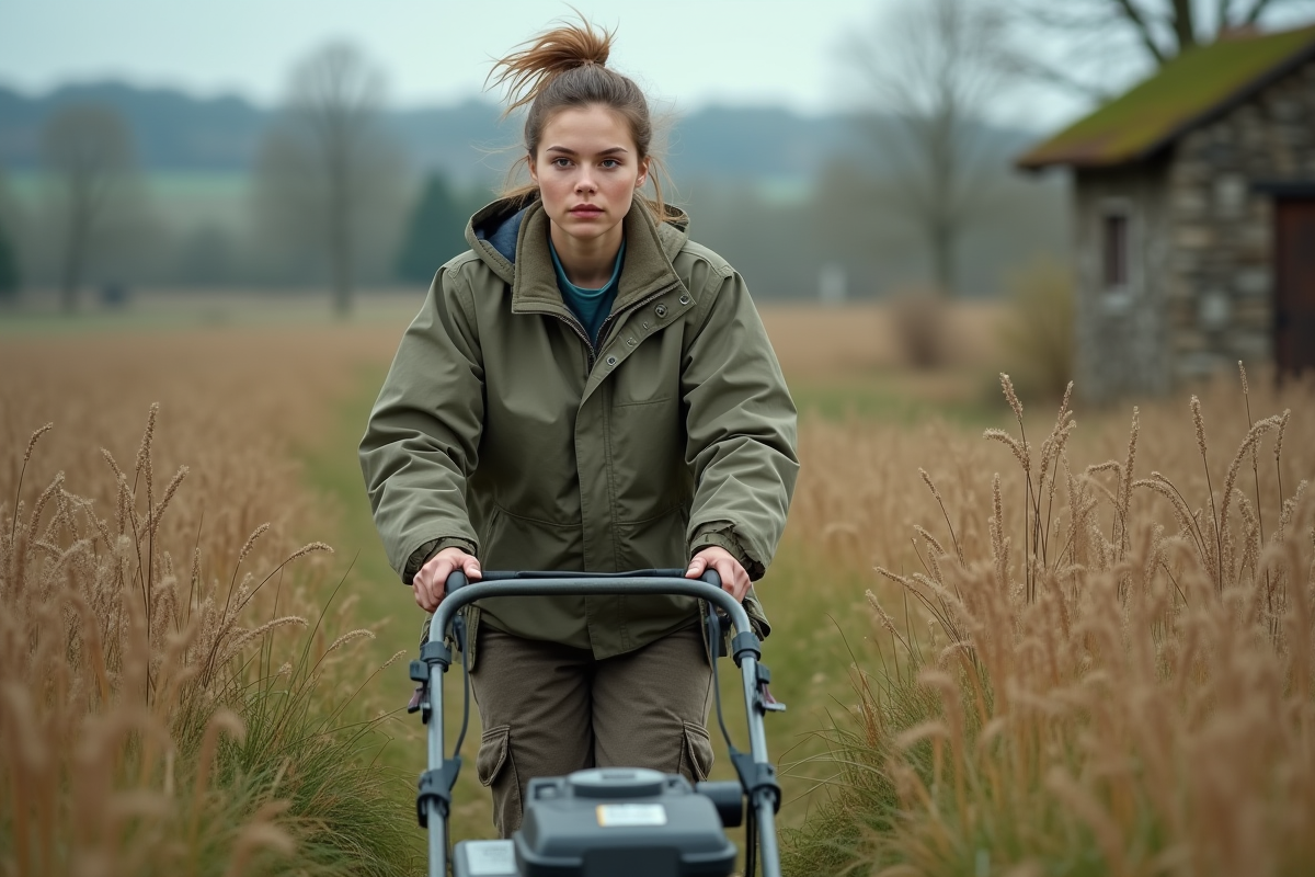 Jeune femme avec tondeuse à gazon dans un champ de mauvaises herbes