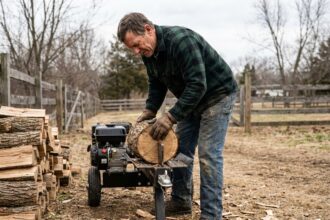 Homme utilisant une fendeuse à bûches thermique dans un jardin rural en automne