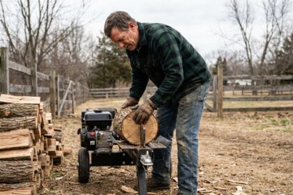 Homme utilisant une fendeuse à bûches thermique dans un jardin rural en automne