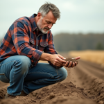 Fermeur inspectant la terre sèche dans un champ en plein air