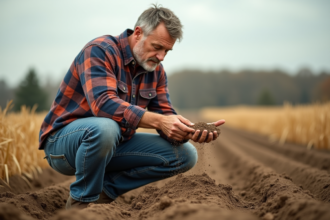 Fermeur inspectant la terre sèche dans un champ en plein air