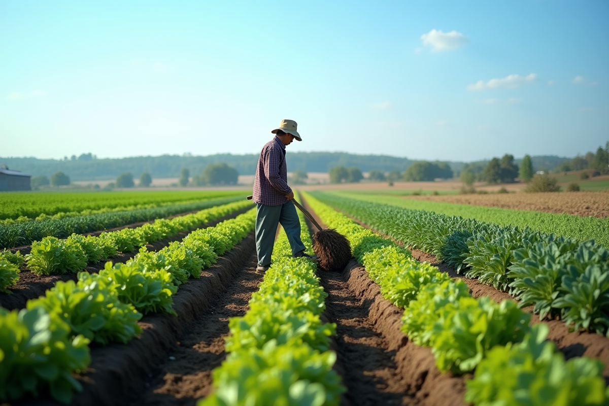 Fermier cultivant un champ avec outils traditionnels