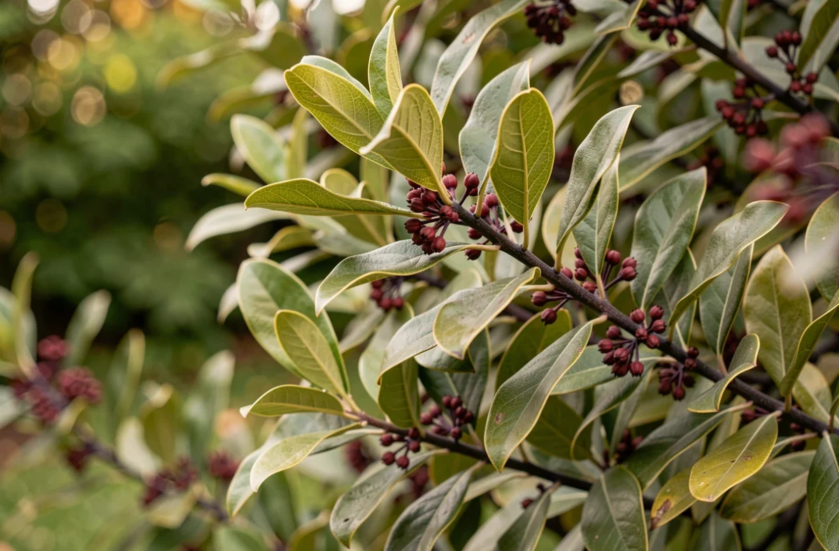 Gros plan sur le feuillage et les tiges sombres caractéristiques du Pittosporum Kohuhu