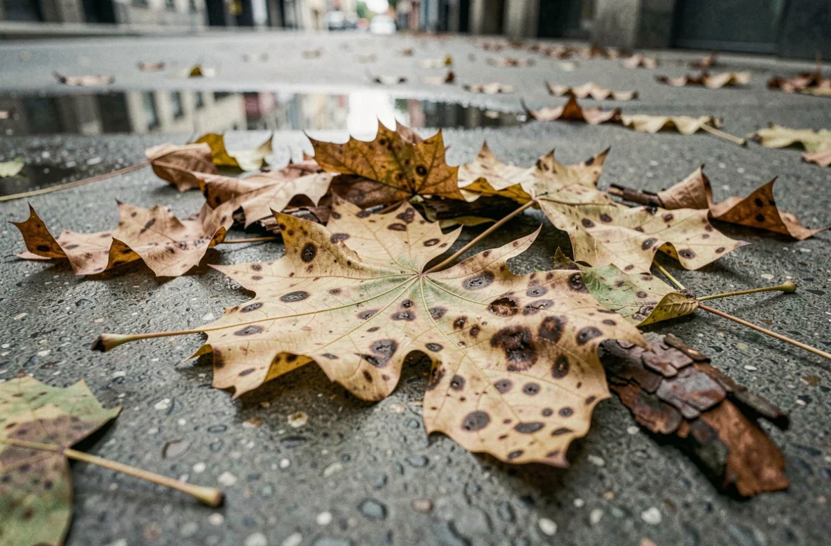 Feuilles malades de mûrier platane tombées sur un trottoir urbain humide avec taches nécrotiques et signes d'infection fongique