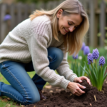 Femme plantant des hyacinthes dans un jardin au printemps