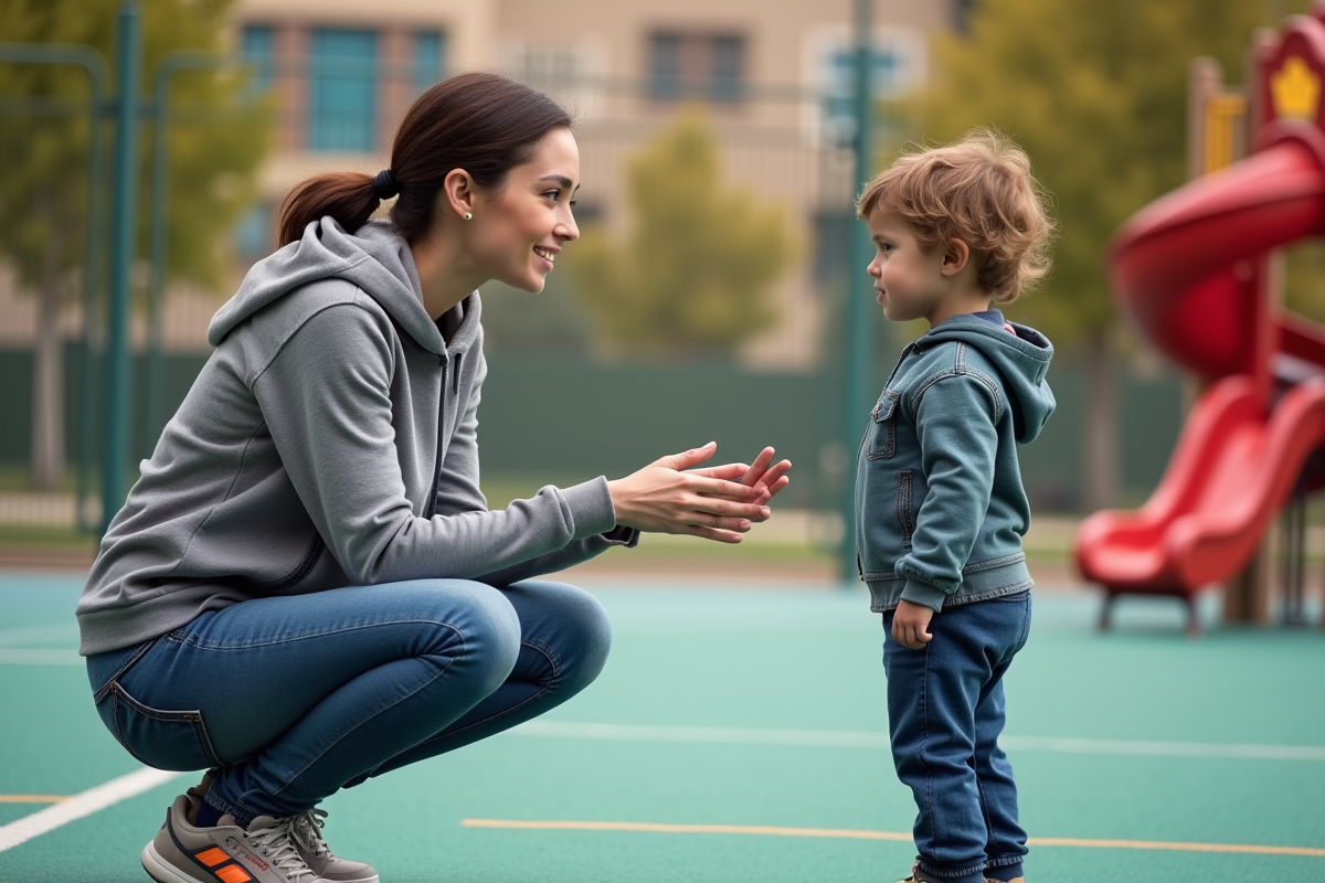 Jeune femme expliquant la sécurité incendie à un enfant au parc