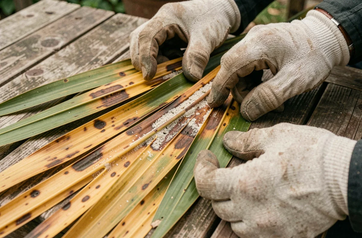 Gros plan sur une fronde de palmier Trachycarpus malade avec des taches brunes et des symptômes fongiques examinée par un jardinier