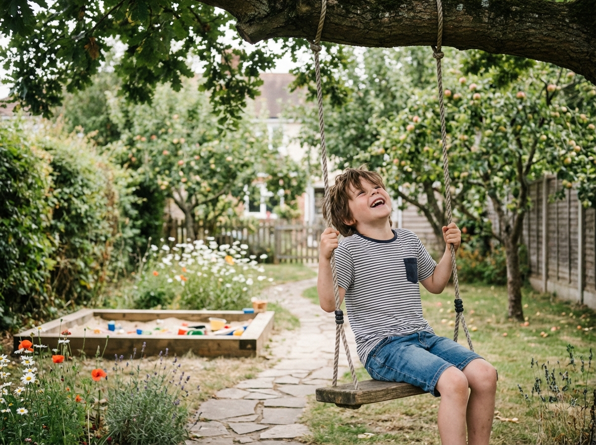 Jeune garçon sur une balançoire en bois dans le jardin