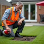Homme jardinier inspectant un gazon artificiel dans un jardin