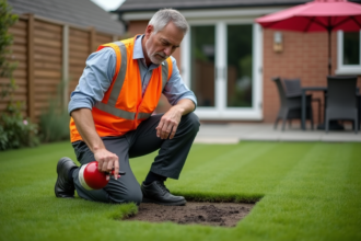 Homme jardinier inspectant un gazon artificiel dans un jardin