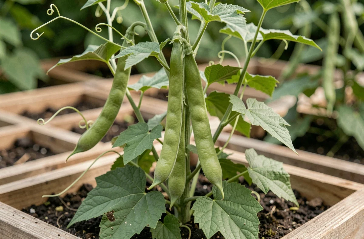 Gros plan sur des gousses de haricots verts mûres dans un carré potager, montrant la densité de plantation et la texture fine des feuilles et des cosses
