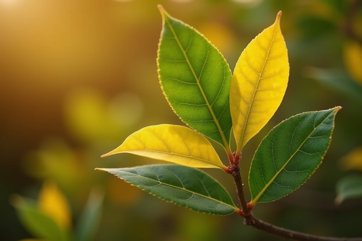 Gros plan sur des feuilles de laurier rose jaunissantes avec des bords secs sur une branche