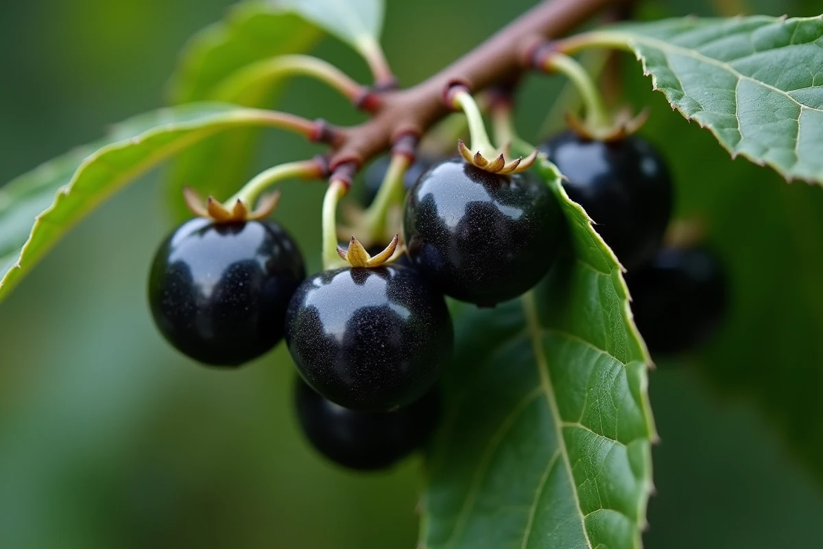 Gros plan sur les fruits mûrs et brillants de l'arbuste Colina Josta