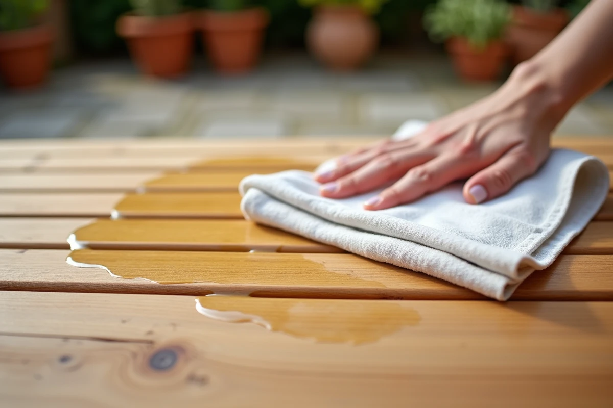 Gros plan sur l'application d'huile de teck au chiffon sur une table de jardin, détail du grain du bois et du film d'huile uniforme