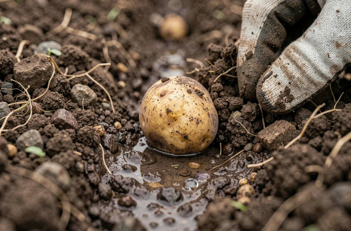 Gros plan sur une pomme de terre semence enfouie dans un sol argileux lourd avec des gouttes d'eau en surface