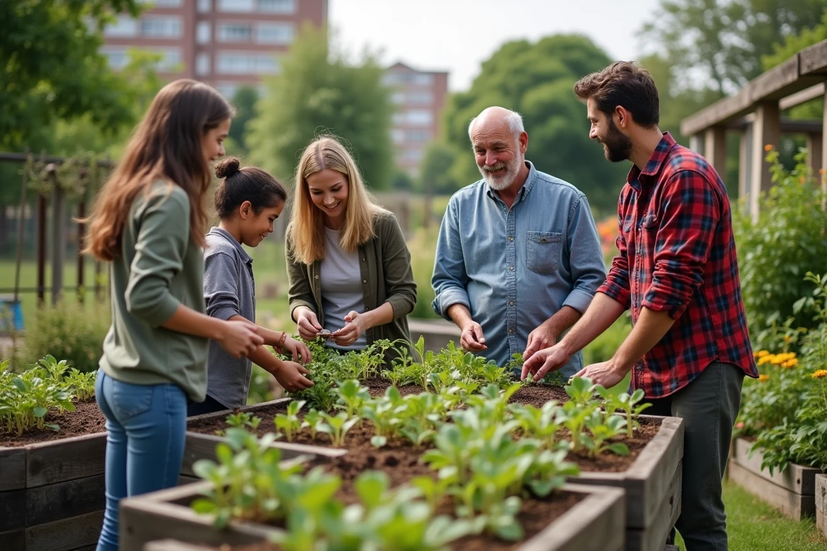 Groupe diversifié travaillant dans un jardin partagé