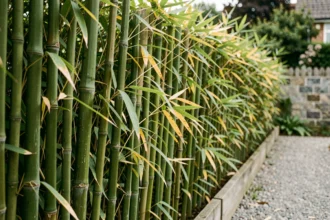 Haie de bambou dense utilisée comme clôture de jardin avec des chaumes verts serrés le long d'une limite en bois