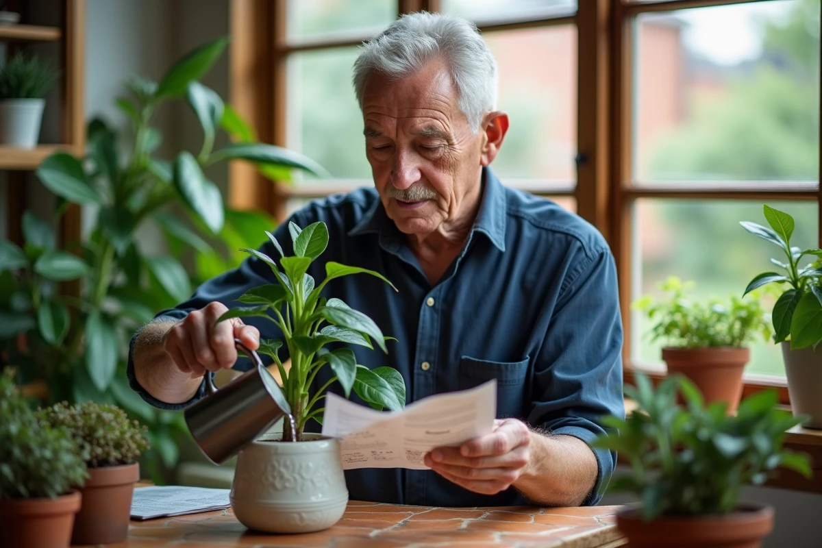 Homme âgé arrosant un Ficus dans une véranda lumineuse