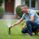 Homme d'âge moyen arrosant son jardin avec un arroseur moderne
