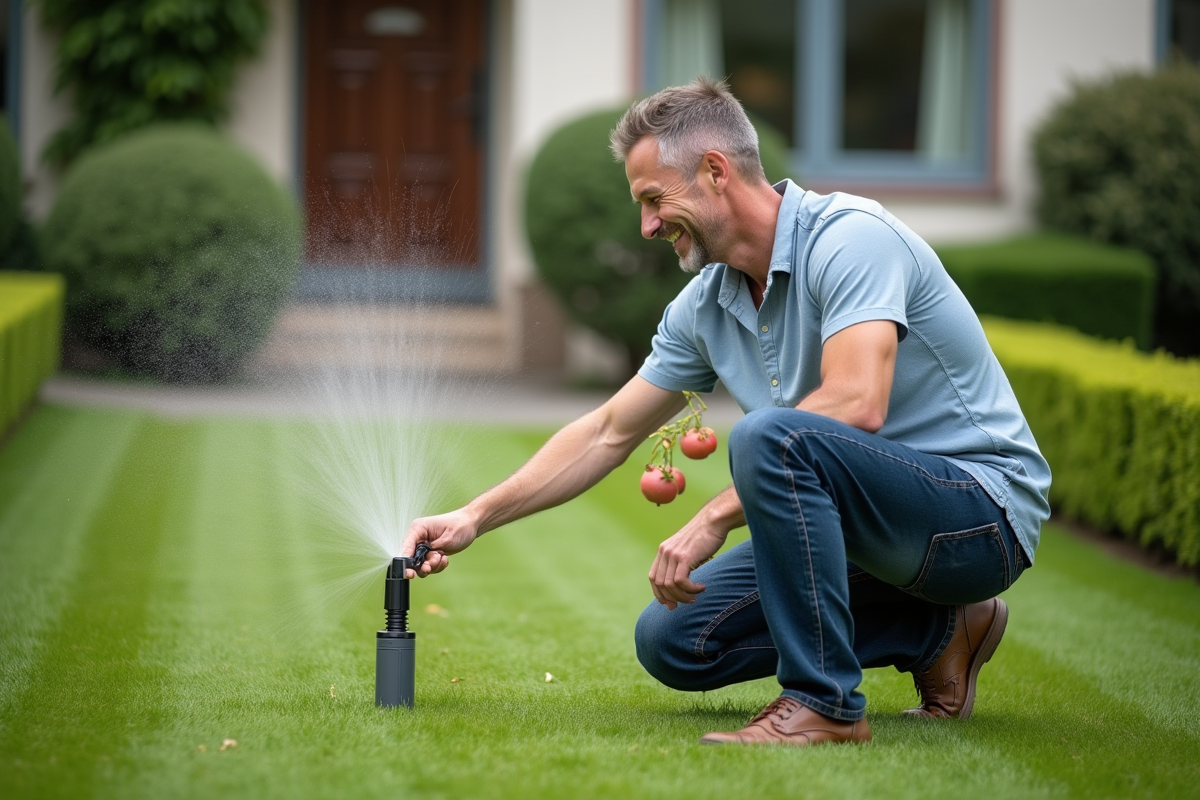 Homme d'âge moyen arrosant son jardin avec un arroseur moderne