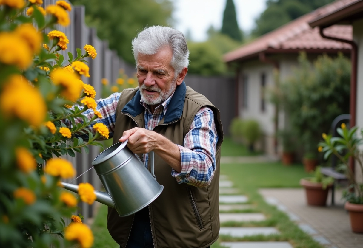 Homme âgé arrosant un oleander dans le jardin