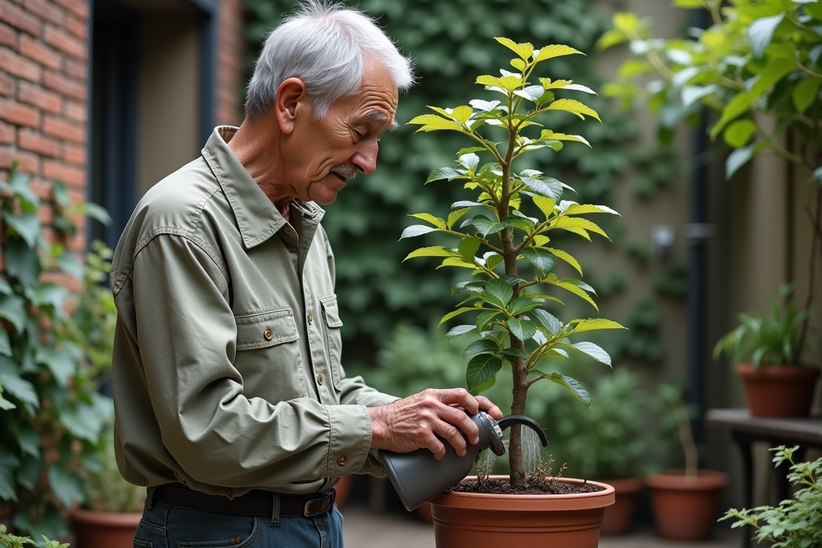 Homme âgé arrosant un arbre de l