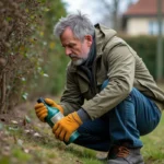 Homme lisant l'étiquette d'un débroussaillant chimique dans un jardin français, avec une expression préoccupée