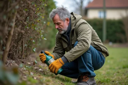 Homme lisant l'étiquette d'un débroussaillant chimique dans un jardin français, avec une expression préoccupée